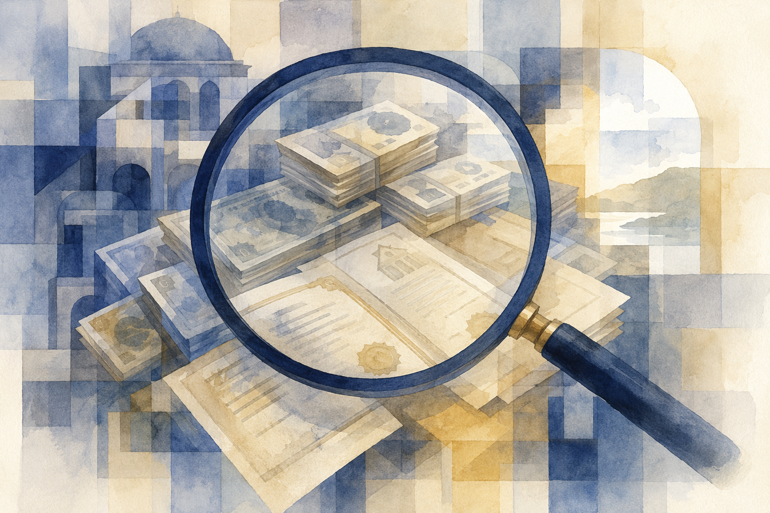 An abstract illustration of a magnifying glass over stacks of money and property documents, symbolizing an anti-corruption investigation.