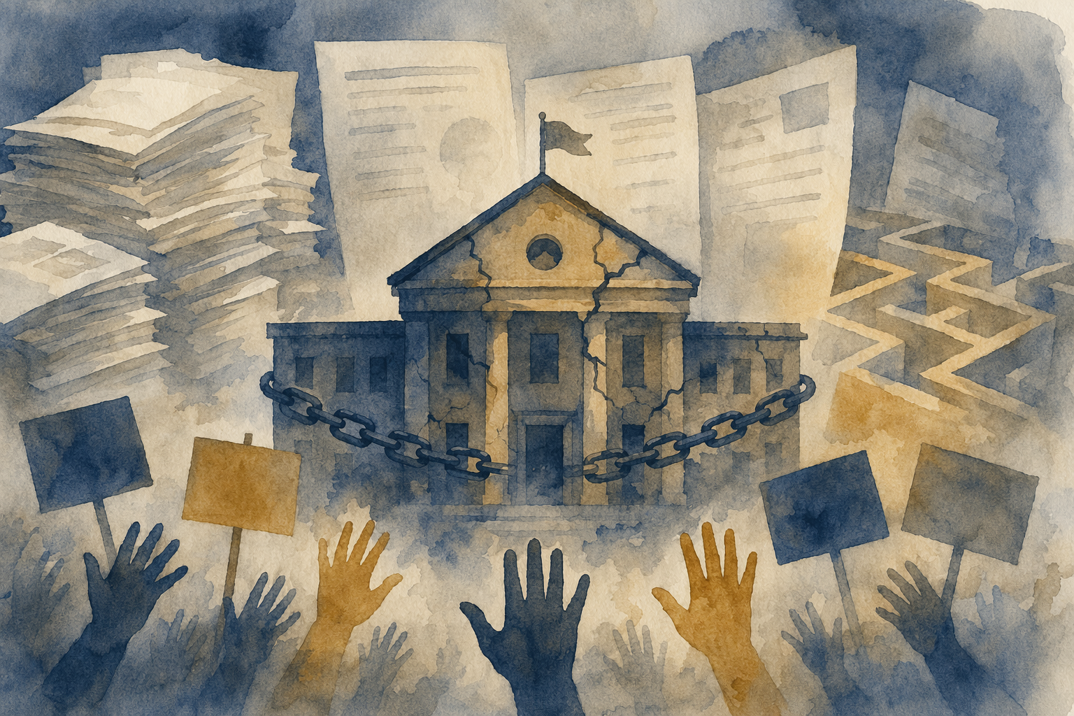 An abstract illustration showing a school building under pressure, with protest signs and documents, symbolizing education challenges and student activism.