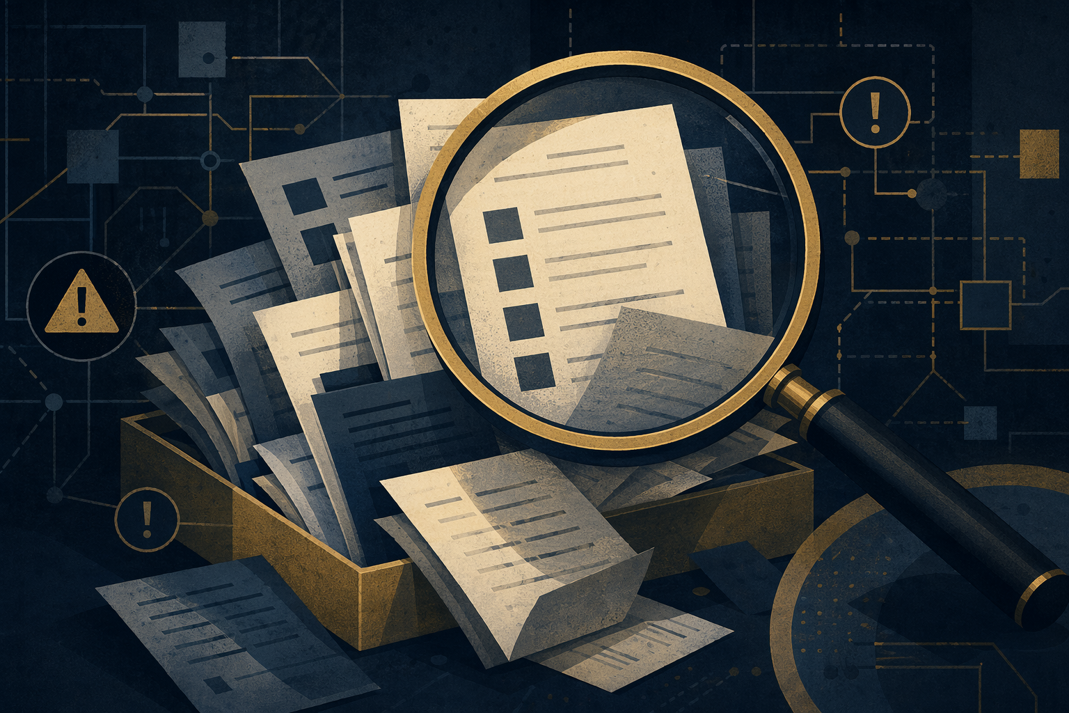 An abstract illustration showing official forms being scrutinized under a magnifying glass, symbolizing allegations of voter list manipulation and electoral process irregularities.