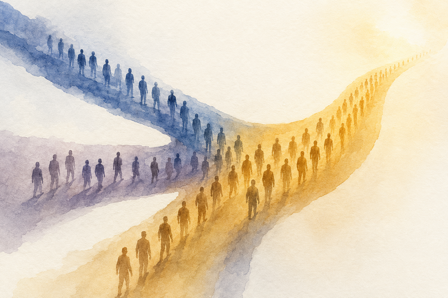 An abstract graphic showing three paths merging into one larger path, symbolizing political figures changing allegiance to a new party.