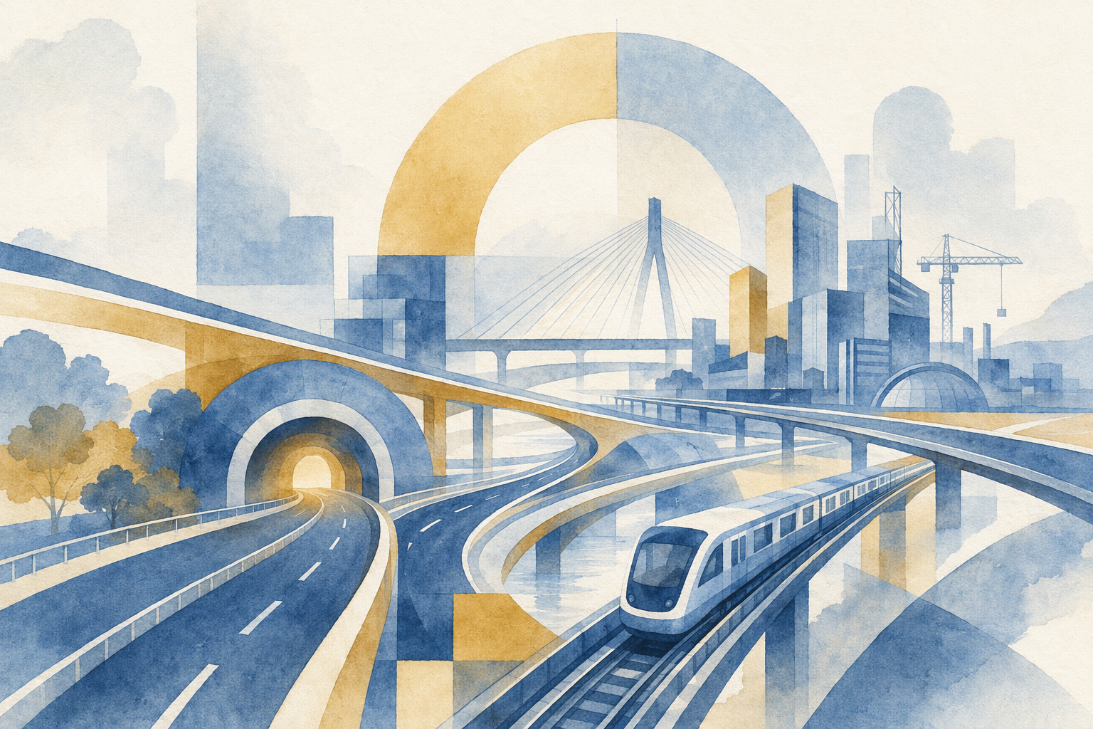 Abstract representation of roads, a tunnel, and metro lines converging, illustrating national infrastructure projects.
