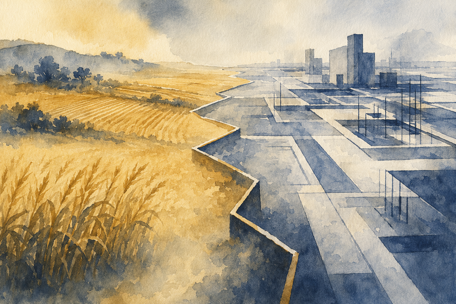 An abstract illustration showing a vibrant green agricultural field being encroached upon by angular, grey urban development shapes, symbolizing land acquisition and its impact.