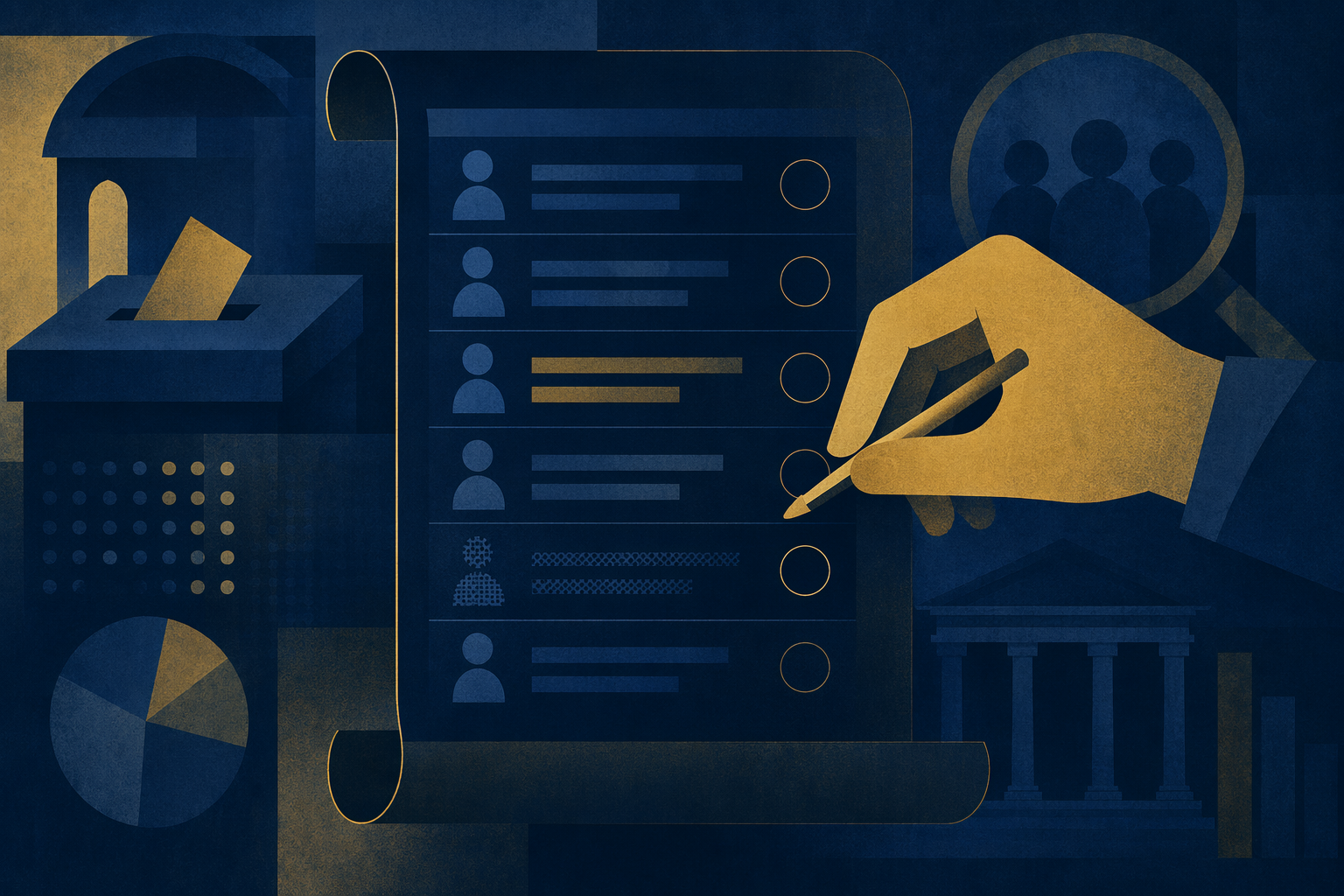An abstract illustration showing a hand making a subtle mark on a voter list, symbolizing alleged manipulation during an enumeration process.