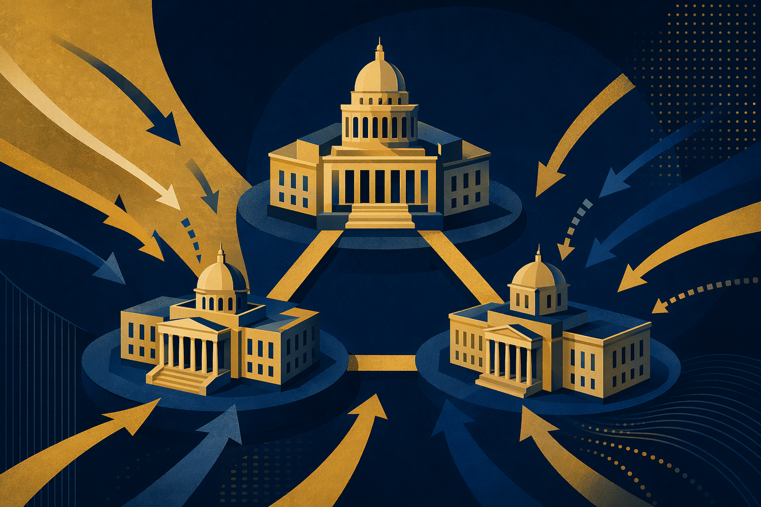An abstract illustration of three distinct legislative buildings, suggesting the locations of the bye-elections, connected by a network of lines and a ballot box icon.