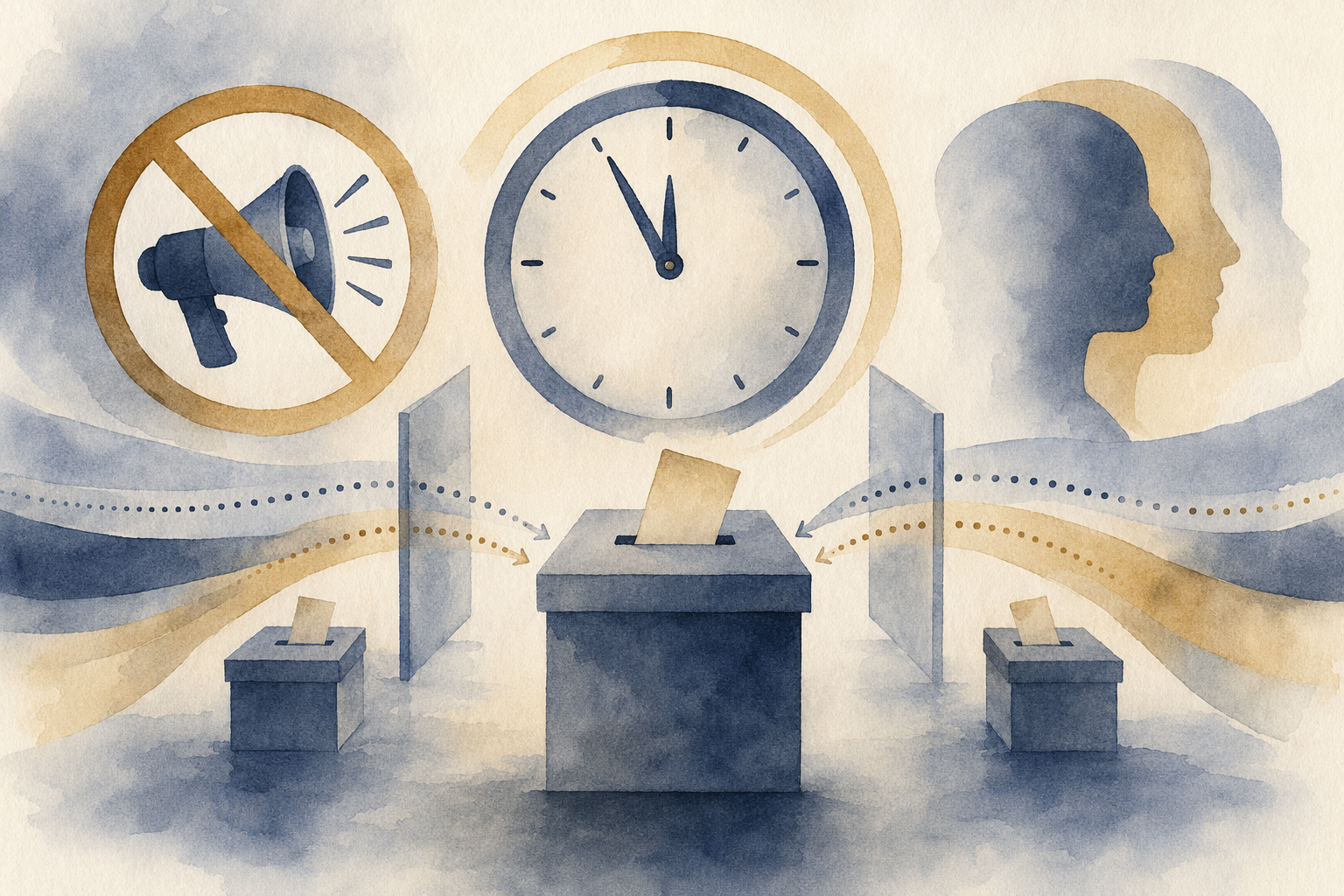 An abstract illustration of electoral regulations, showing a clock, a crossed-out megaphone, and ballot boxes, symbolizing the ban on exit polls and content during the silence period.