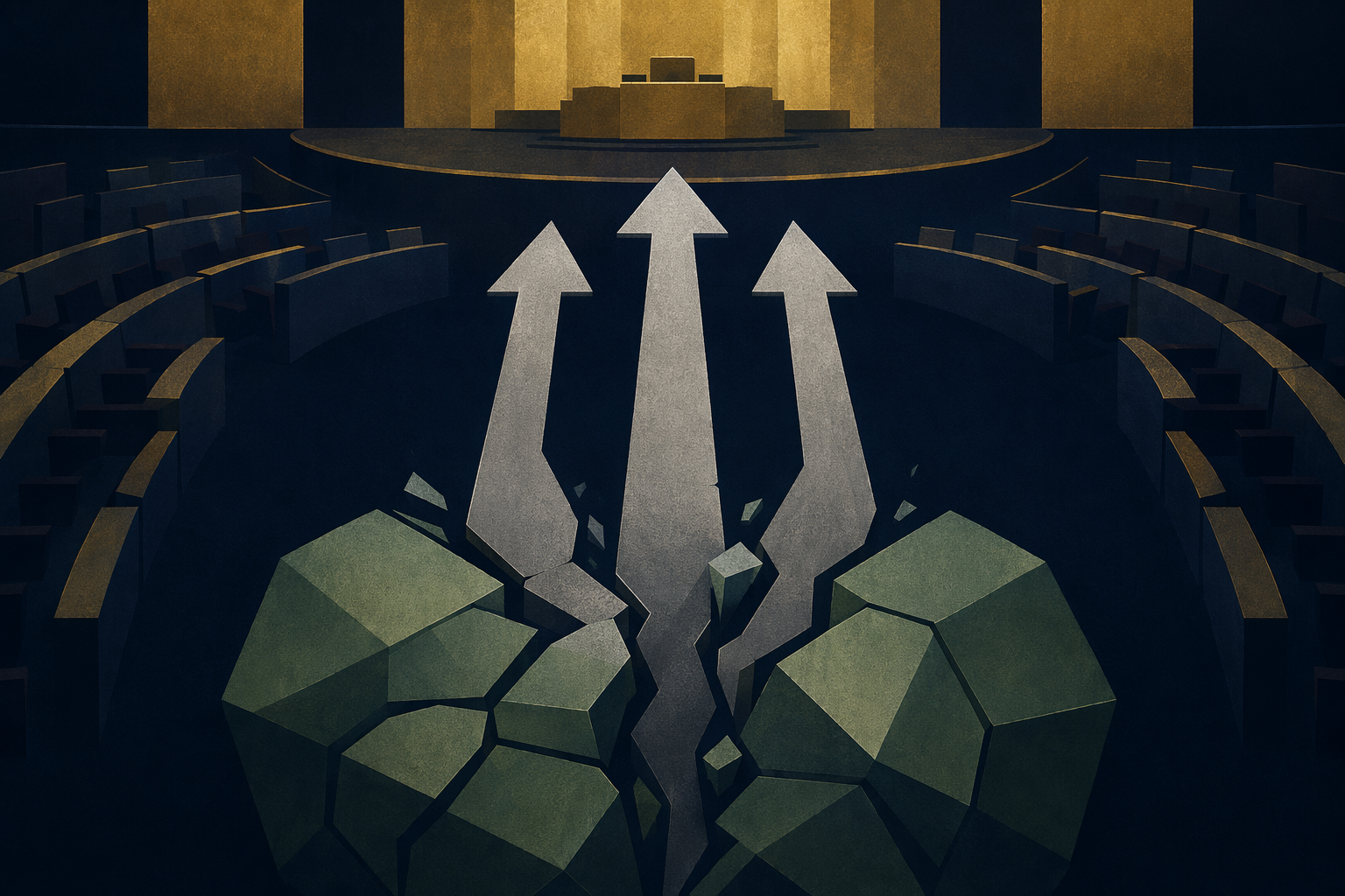 Abstract illustration showing three upward-pointing arrows rising from a fractured shape, symbolizing a shift in political power in legislative bypolls.