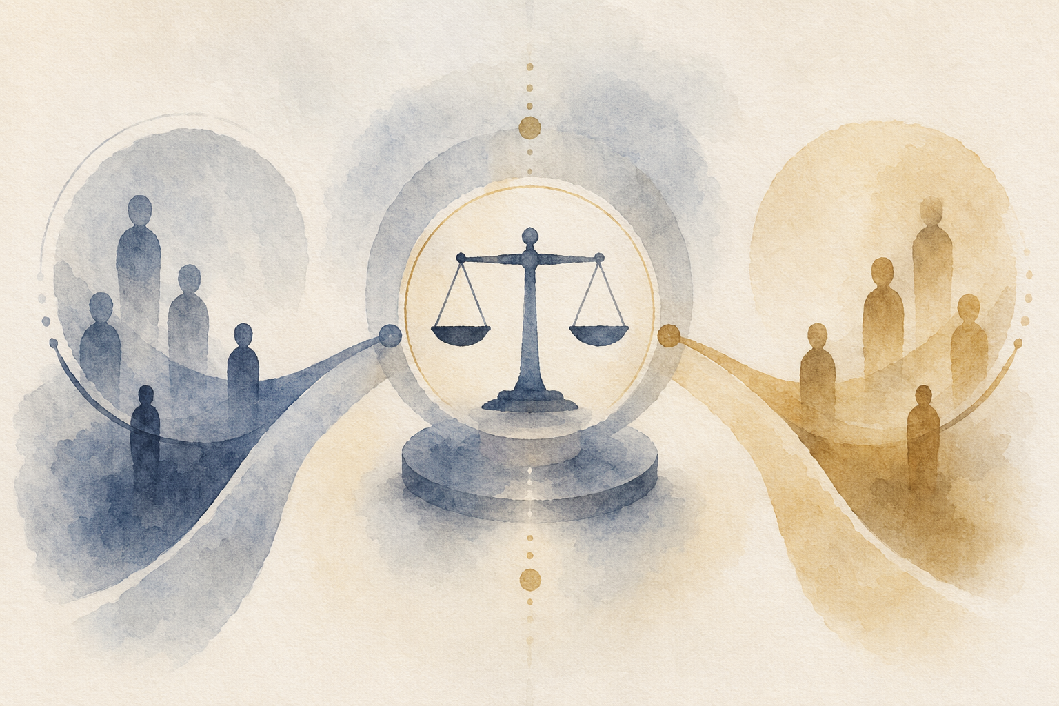 Abstract illustration of an election commission mediating internal party divisions.