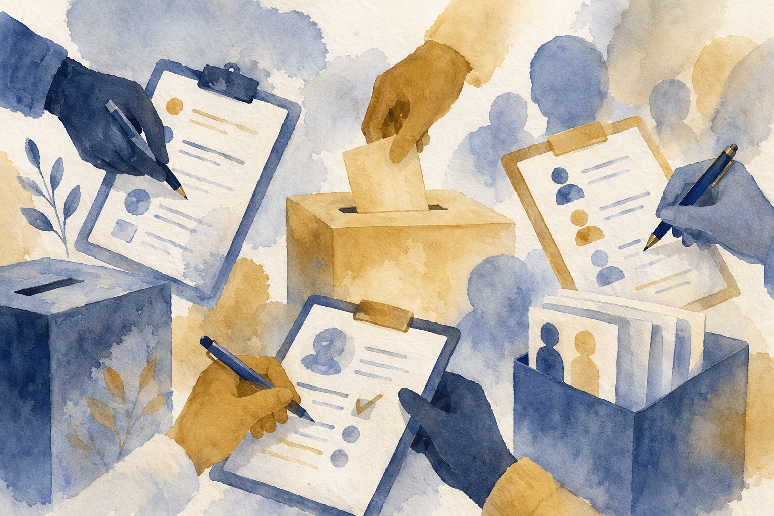 Hands holding clipboards and pens, reviewing voter registration forms.