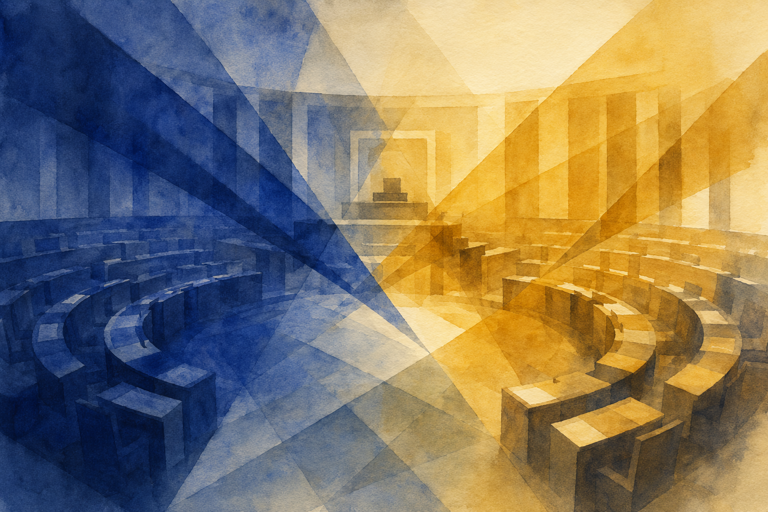 Abstract depiction of parliamentary conflict and debate.