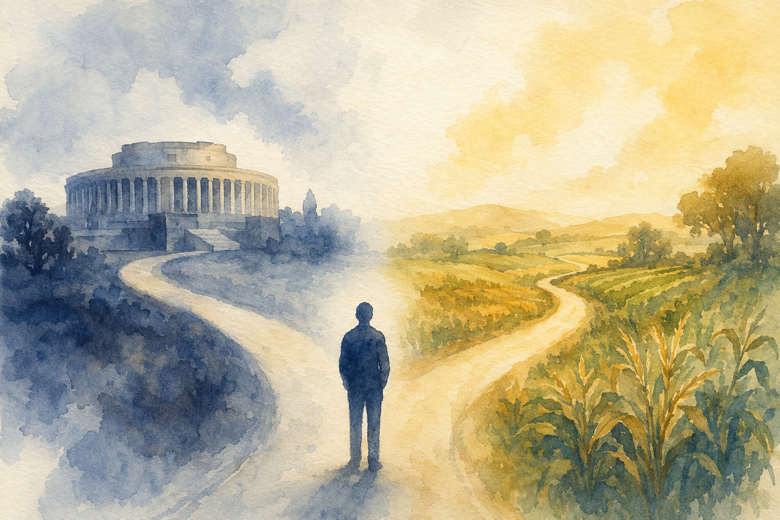 An abstract illustration of a path diverging, with one direction pointing towards a silhouette of a parliament building and the other towards a green field, symbolizing a choice between politics and agriculture.