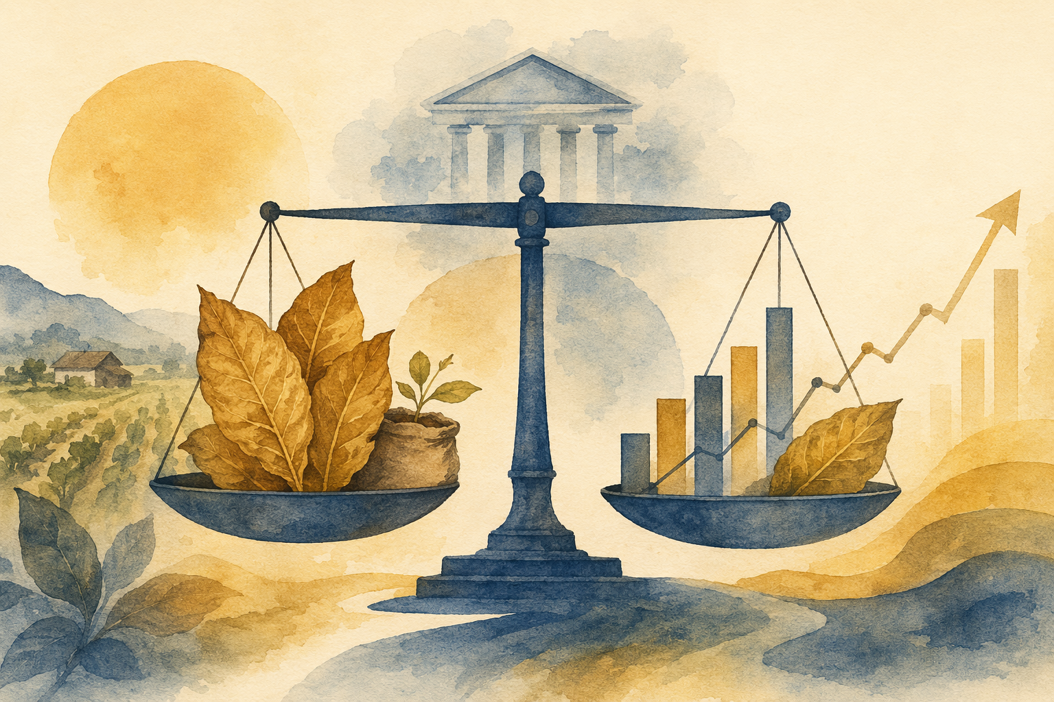 An abstract image showing tobacco leaves being weighed on a scale, symbolizing fair trade and government intervention in agricultural markets.