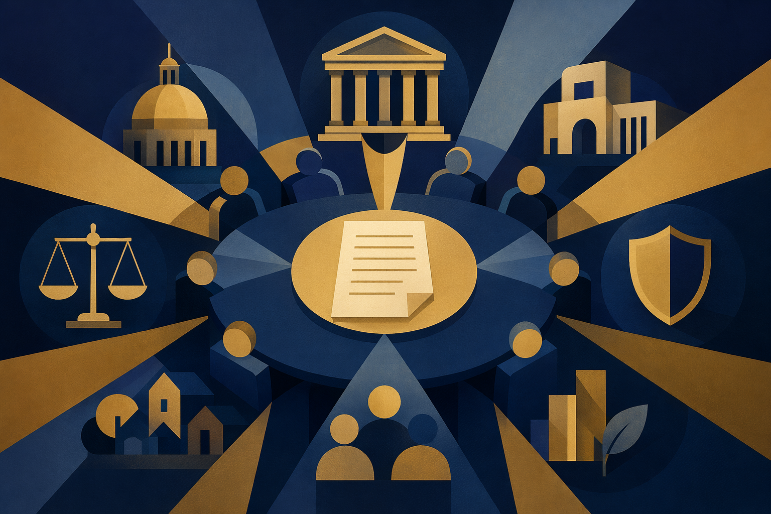 An abstract graphic of a circular table with various stylized state and national emblems around it, pointing towards a central scroll or document, symbolizing unified declarations and cooperation.