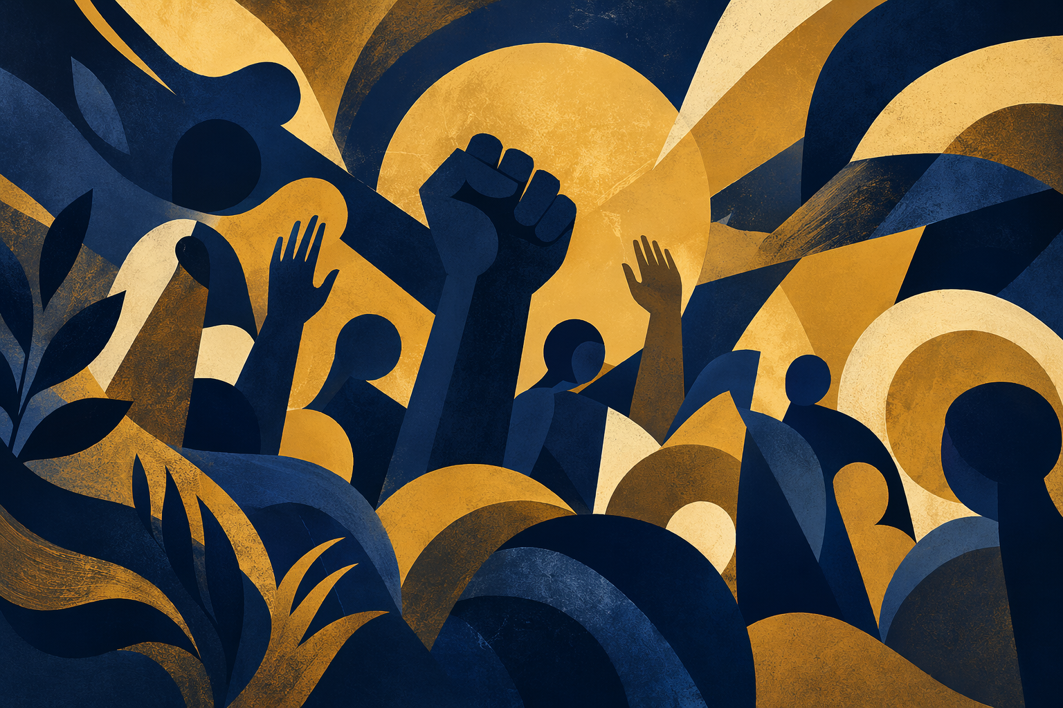 Abstract illustration depicting different social groups and a protest movement, using interconnected shapes to symbolize community and a dynamic, rising form to represent a statewide campaign.