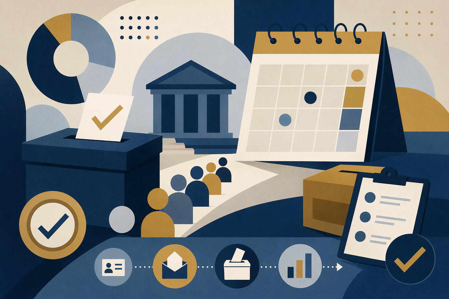 Abstract illustration of election symbols, a ballot box, and a calendar representing the bye-election schedule.