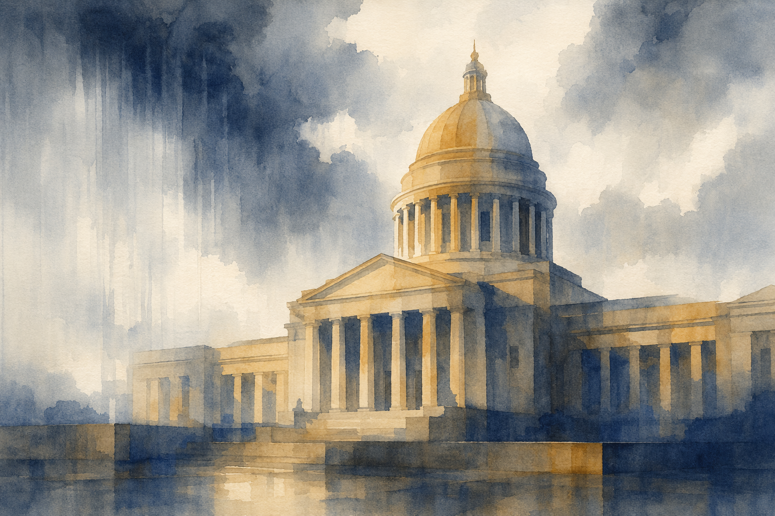 An abstract illustration of a parliament building, symbolizing legislative debate and national decisions.