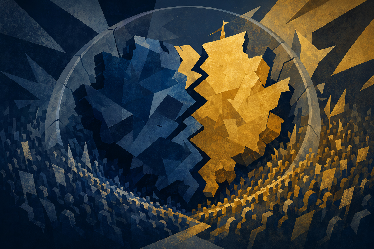 Abstract illustration of internal political conflict with clashing shapes and colors.